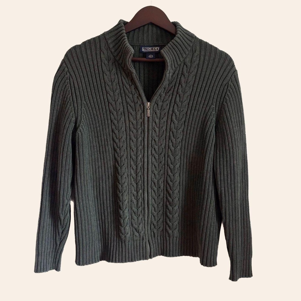 Vintage Lands' End Cable Knit Zip-Up Cotton Cardigan